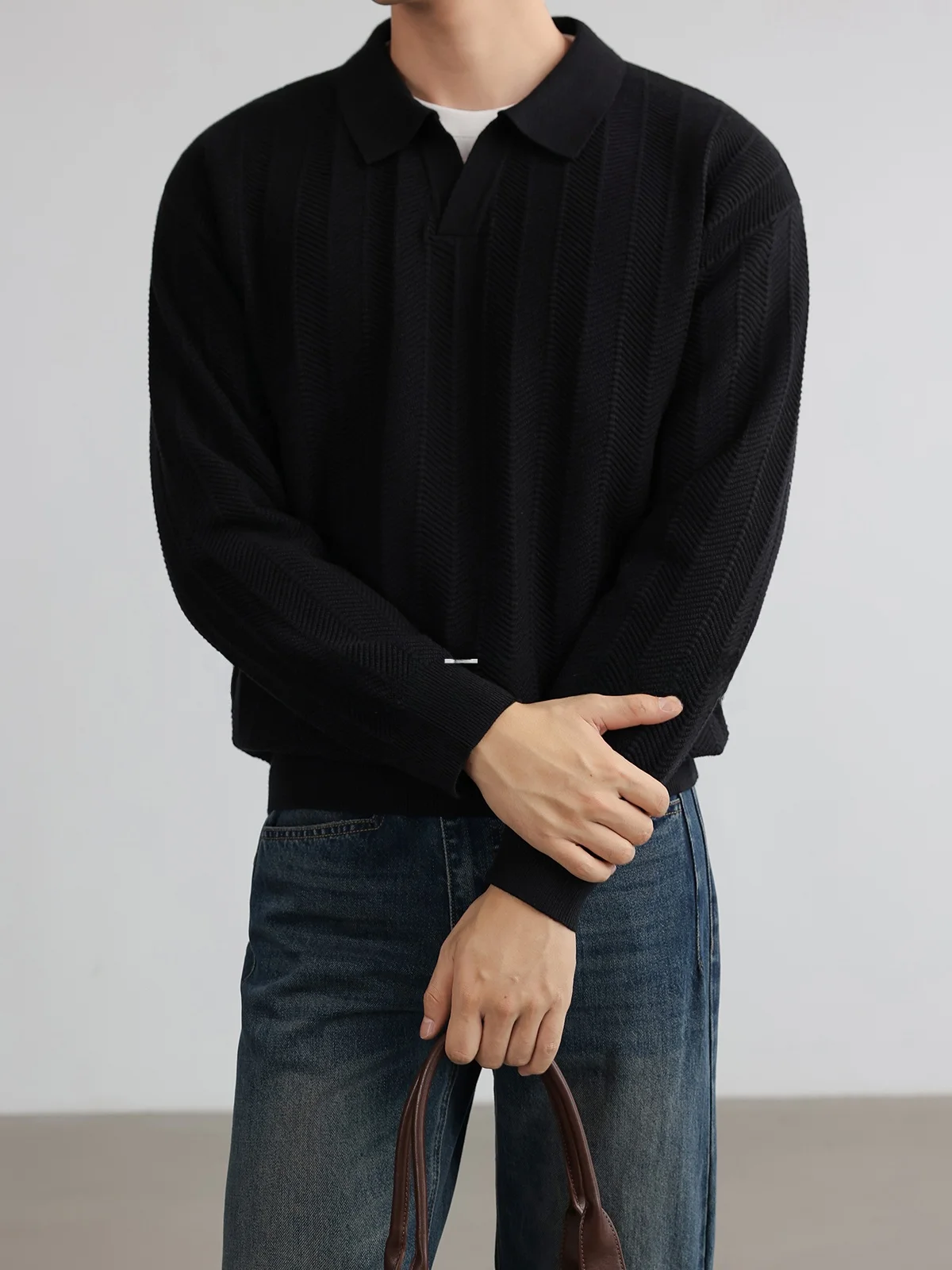 Men's  Knitwear Turn-down Collar Sweater Casual Style Fiber Blend Long Sleeve Regular Fit Warm Elastic Stripe Pattern