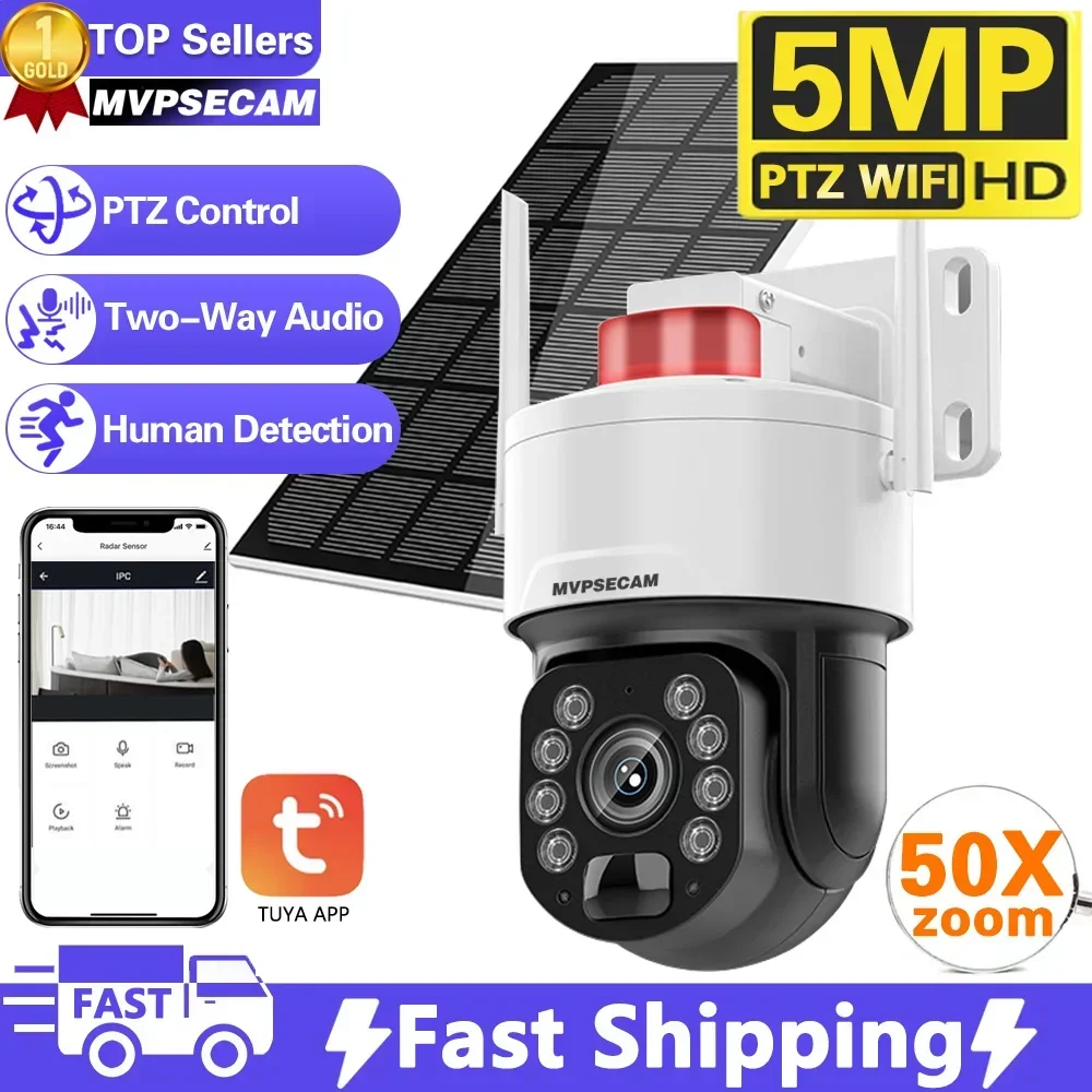 

5MP Audio Surveillance IP Solar Camera 50X Optical Zoom Human Detection PTZ CCTV Security WiFi Solar Panels Cam Tuya Smart Life