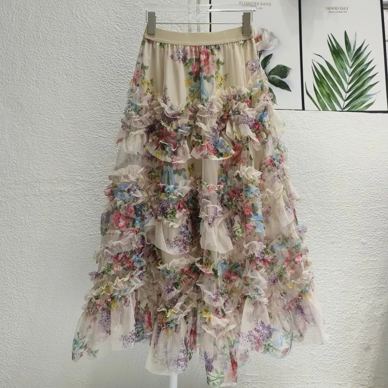 Feminine Irregular Colorful Flower Mesh Skirts Women’s 2024 Summer Fashion Skirt Fairy Temperament Loose Comfort A- Line Skirts