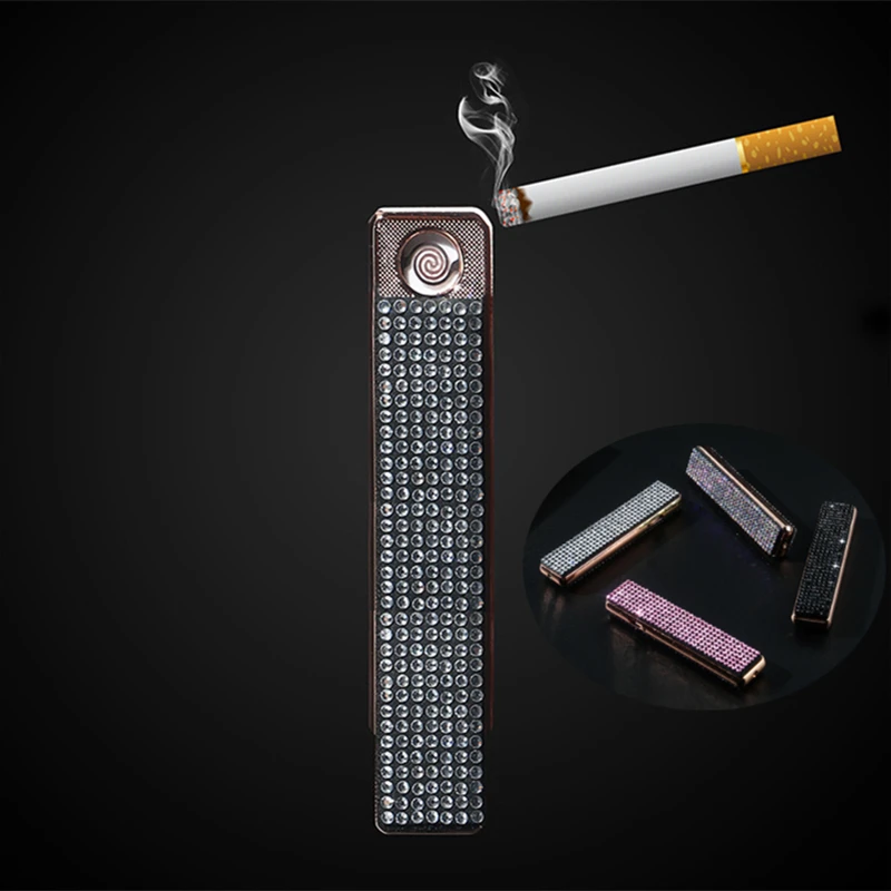 Ultra Thin Diamond Embedded USB Lighter Metal Windproof Rechargeable Tungsten Lighter Cigarette Accessories for Women's Gift
