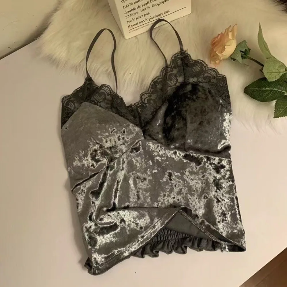 Casual Bra With Breast Pads Velvet Lace Camisole Streetwear Sleeveless Y2K Suspender Warm Soft Lace Crop Top Spice Girl