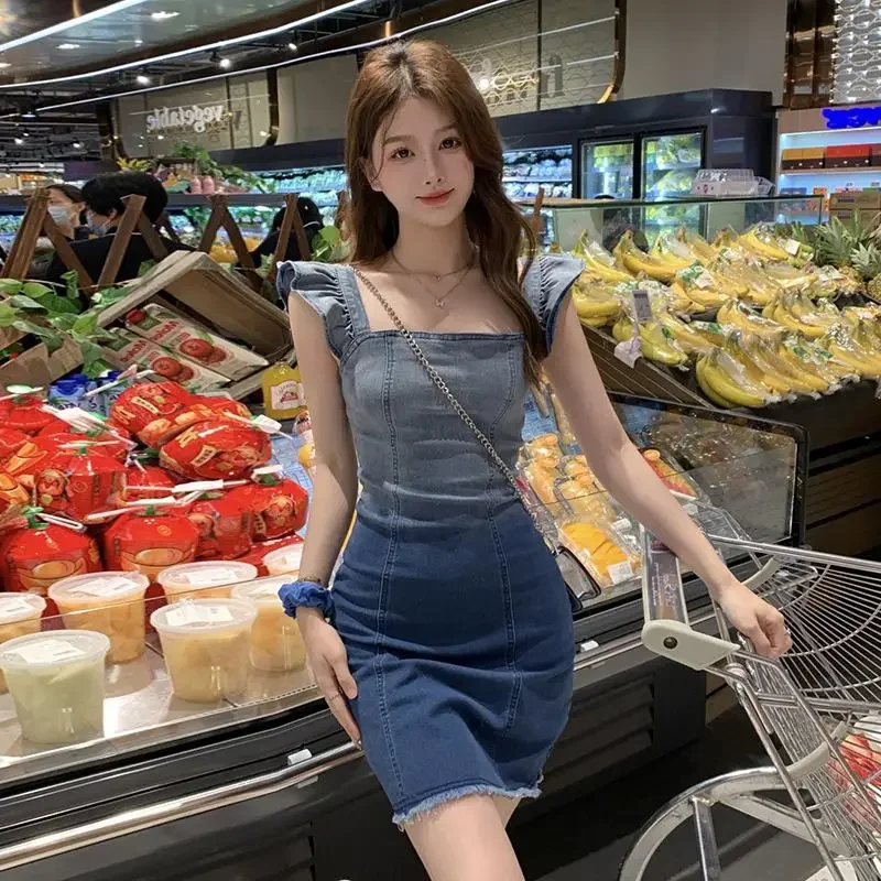 Mini denim senza maniche corto fata donna abito corsetto aderente aderente carino kawaii vestiti casual gioventù in vendita abiti per le donne