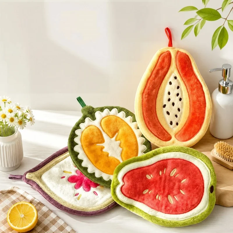 Cute Fruit Shaped Hanging Hand Towel Super Absorbent Coral Fleece Quick‑dry Kitchen Bathroom Wipe Cloth Reusable Soft Dish Towel