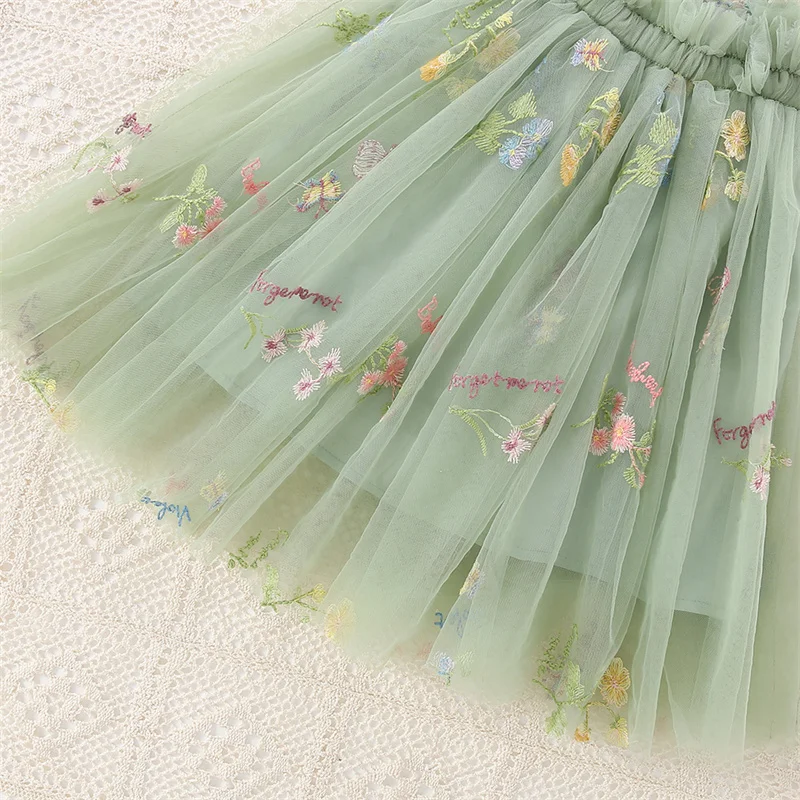 Novedad de verano, vestido de princesa de gasa verde para niña, ropa con tirantes para niños con bordado de flores dulces para bebés de 0 a 5 años