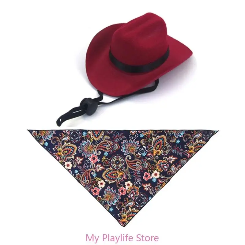 Pet Cowboy Hat and Handkerchief Set Scarves Western Plaids Birthday Party Outfit Gift for a Festive Look Birthday Party