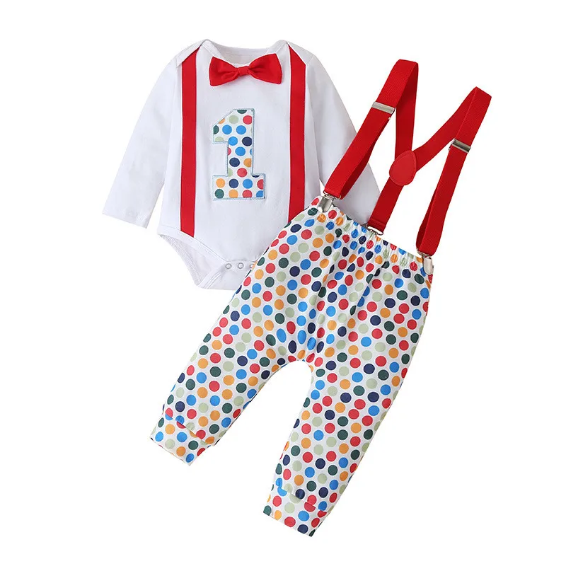 

Baby Romper Dot Digital Print Crew Neck Long Sleeve Bib Trousers Romper Two Piece Set Spring/Autumn Baby Girl Bodysuit