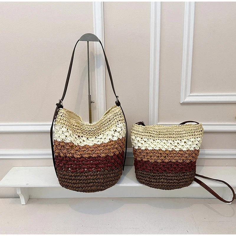 Gestreifte Colorblock-Strohtasche zum Umhängen, handgefertigte Bucket Bag für den Strandurlaub, Damen Sommer Casual Handtasche mit Farbkontrast – Detail 1