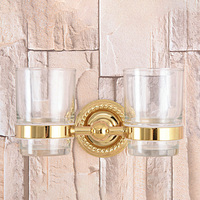 Wall Mounted Gold Color Brass Double Cup Holder Toothbrush Holder with Two Glass Cups Rack Tumbler Holder Nba600