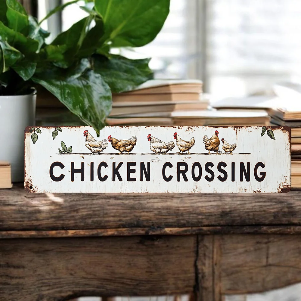 Retro Chicken And Duck Crossing Metal Sign - Country Style Wall Decor with Rooster And Chick Design - 4X16 Inch Aluminum Plaqu