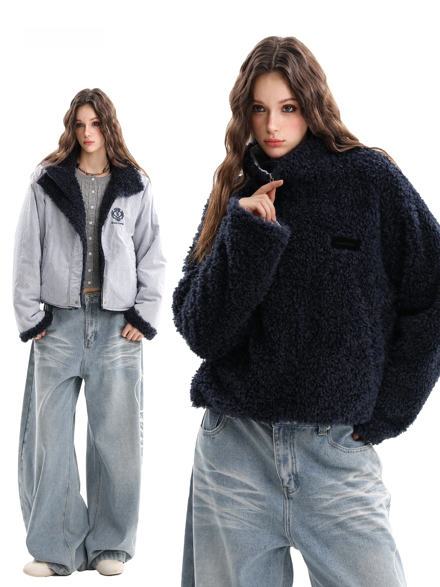 

Двусторонняя одежда, бархатный хлопковый тюре с воротником-стойкой из ягненка, женская зимняя теплая универсальная верхняя одежда Lazy Sle