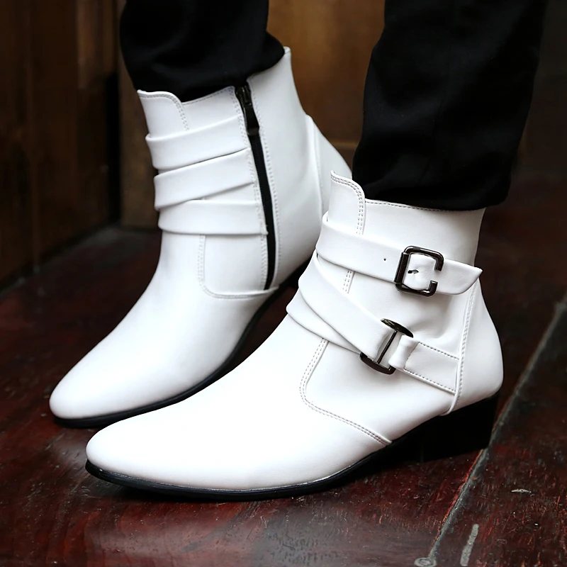 Bottes en cuir blanc pour hommes, chaussures montantes, bottes de style britannique, mode originale, 138