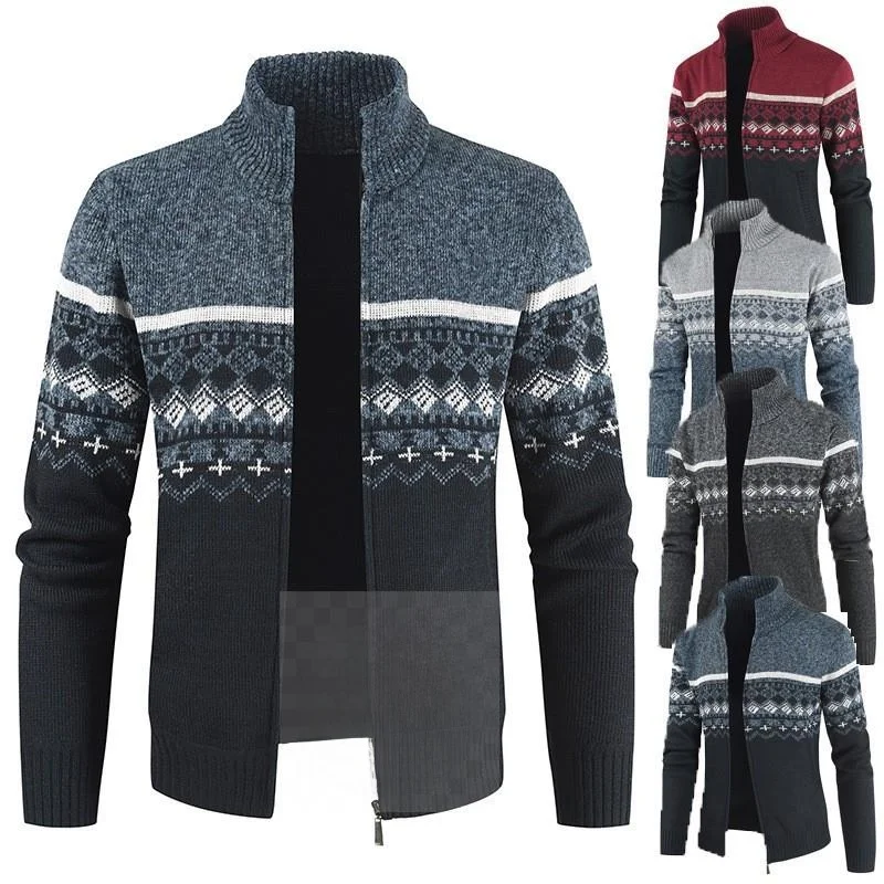 

Мужской осенне-зимний кардиган на молнии, вязаный свитер с длинными рукавами, в стиле колор-блок, с воротником-стойкой, модный мужской...