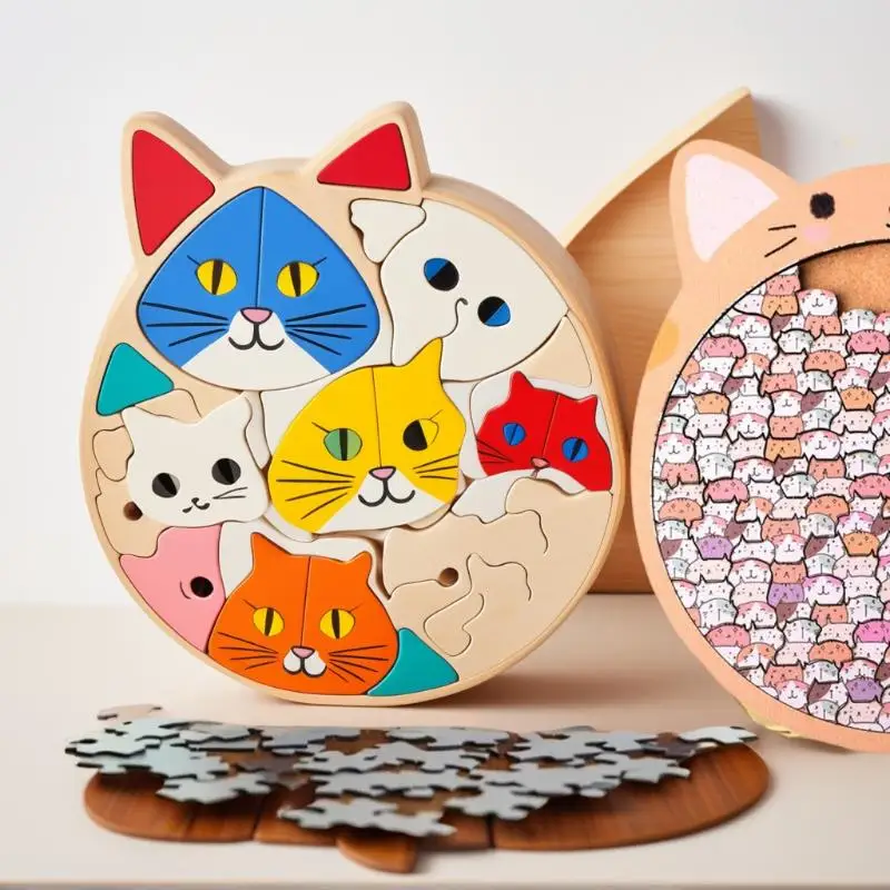 즐거운 고양이 모양의 나무 퍼즐 장난감; 매력적인 교육용 게임; 멋진 크리스마스 선물