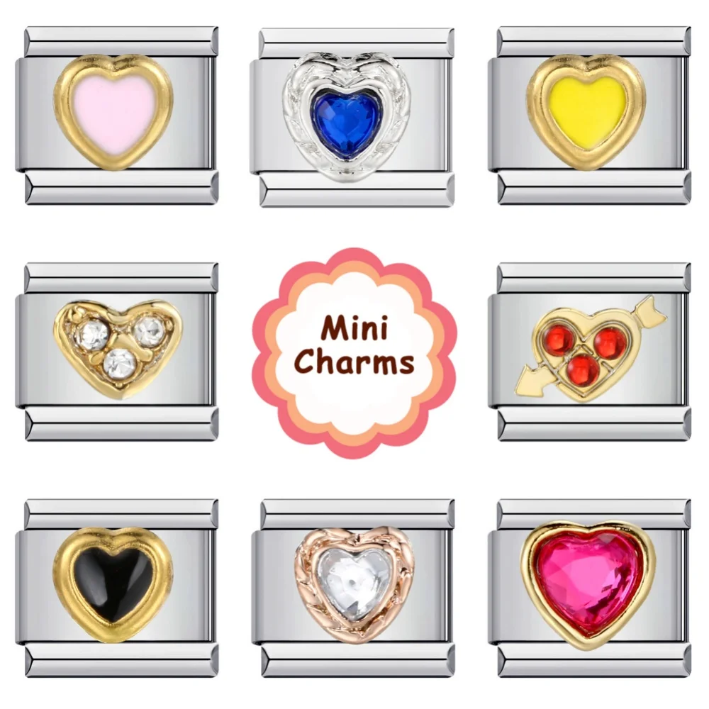 Regenbogenfarbene CZ Y2k Herz Liebe Valentinstag Italienische Charm-Links Passend für 9mm Edelstahl-Armband DIY Schmuckherstellung – Detail 1