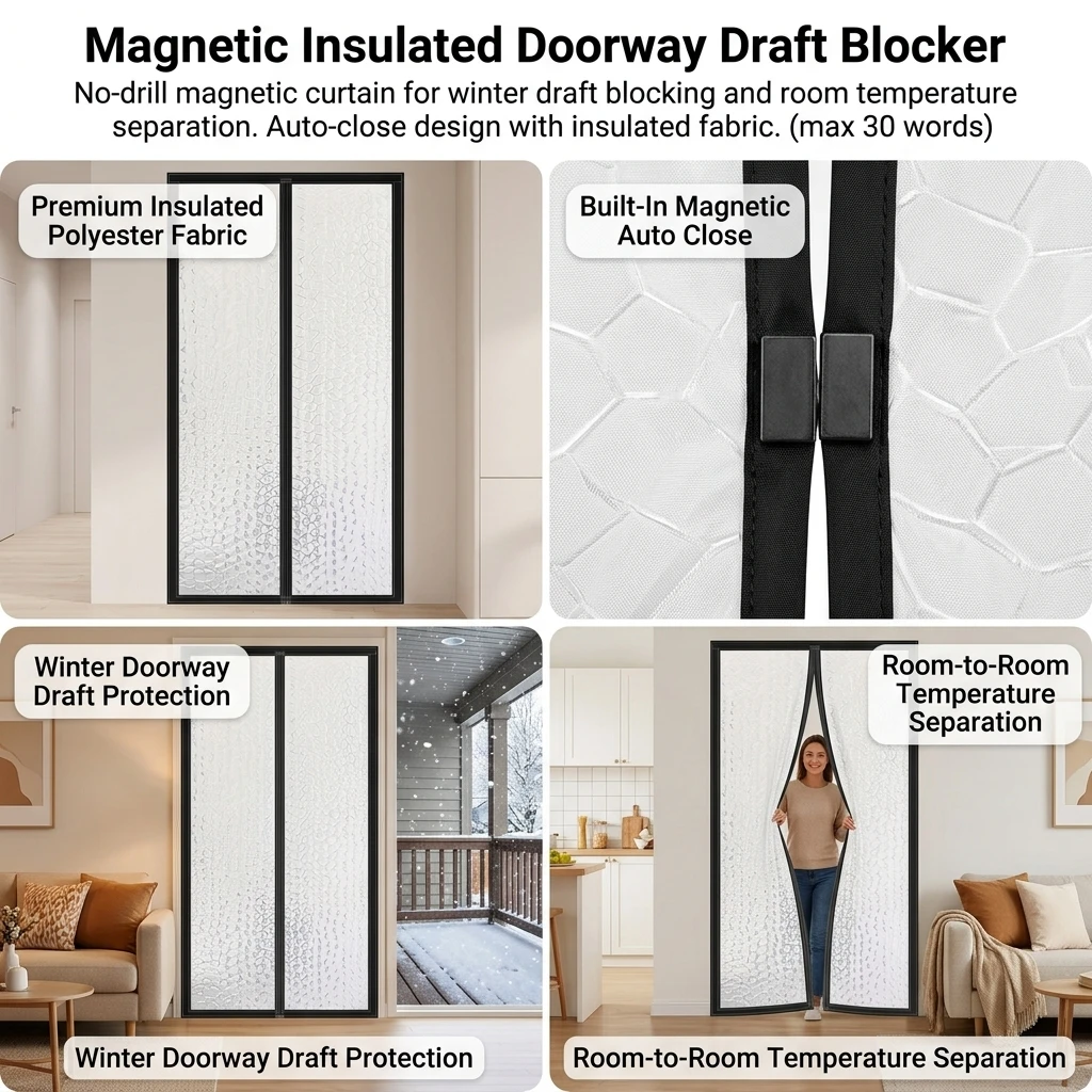1pc Thermal Door Curtain Insulated Polyester Magnetic Doorway Divider for Home Office Winter Draft Blocker Durable