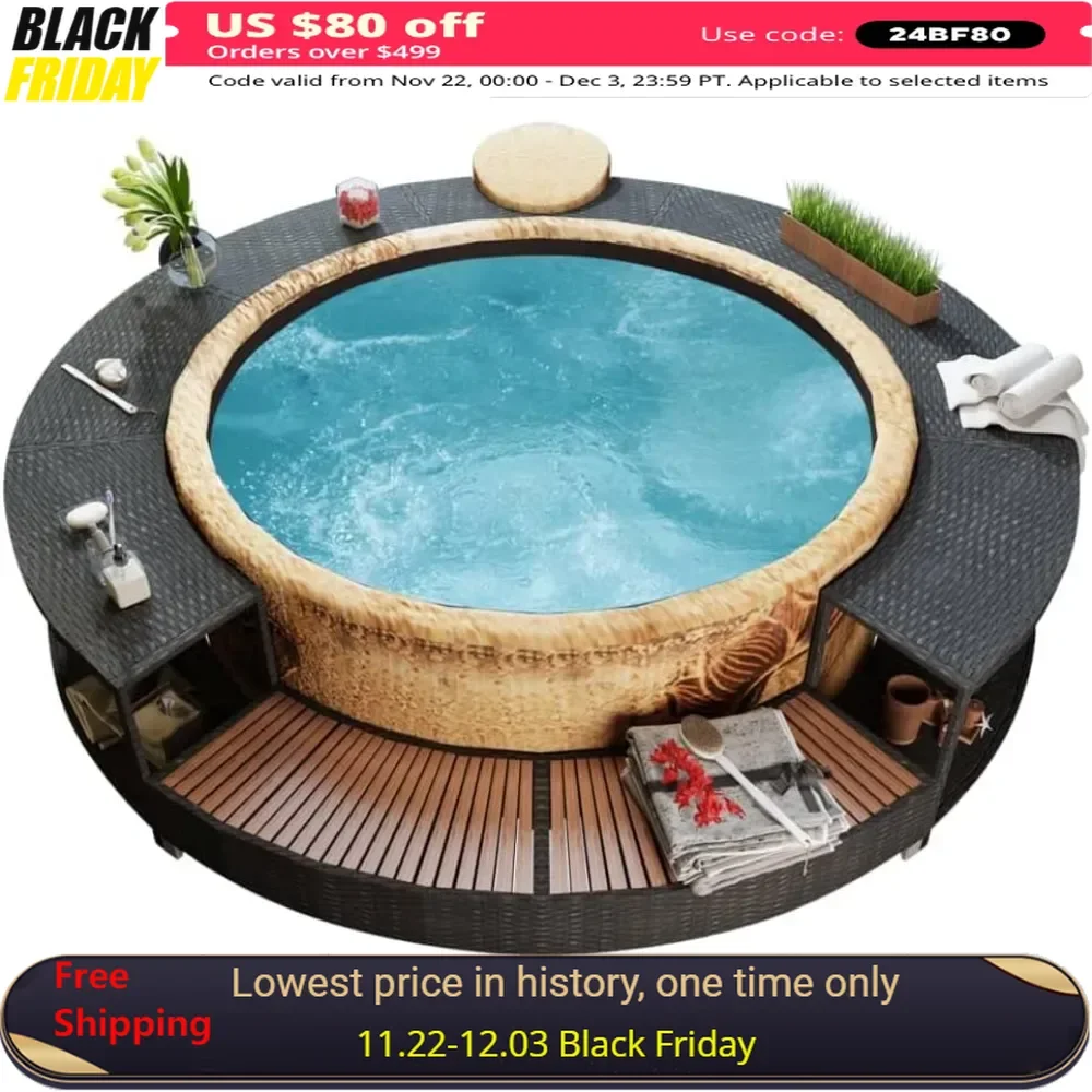 Outdoor Hot Tubs Frame with Built-in Storage Area and Power Pack Cutout, Spa Surround, Poly Rattan Outdoor Massage Hot Tub Frame