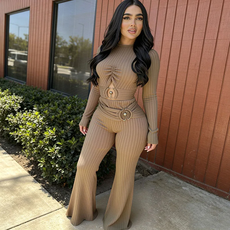 Doyerl Ribbed Knitted Jumpsuits for Woman Romper Long Sleeve Metal Ring Hollow Out Stretch One Piece Outfits Party Club Overalls