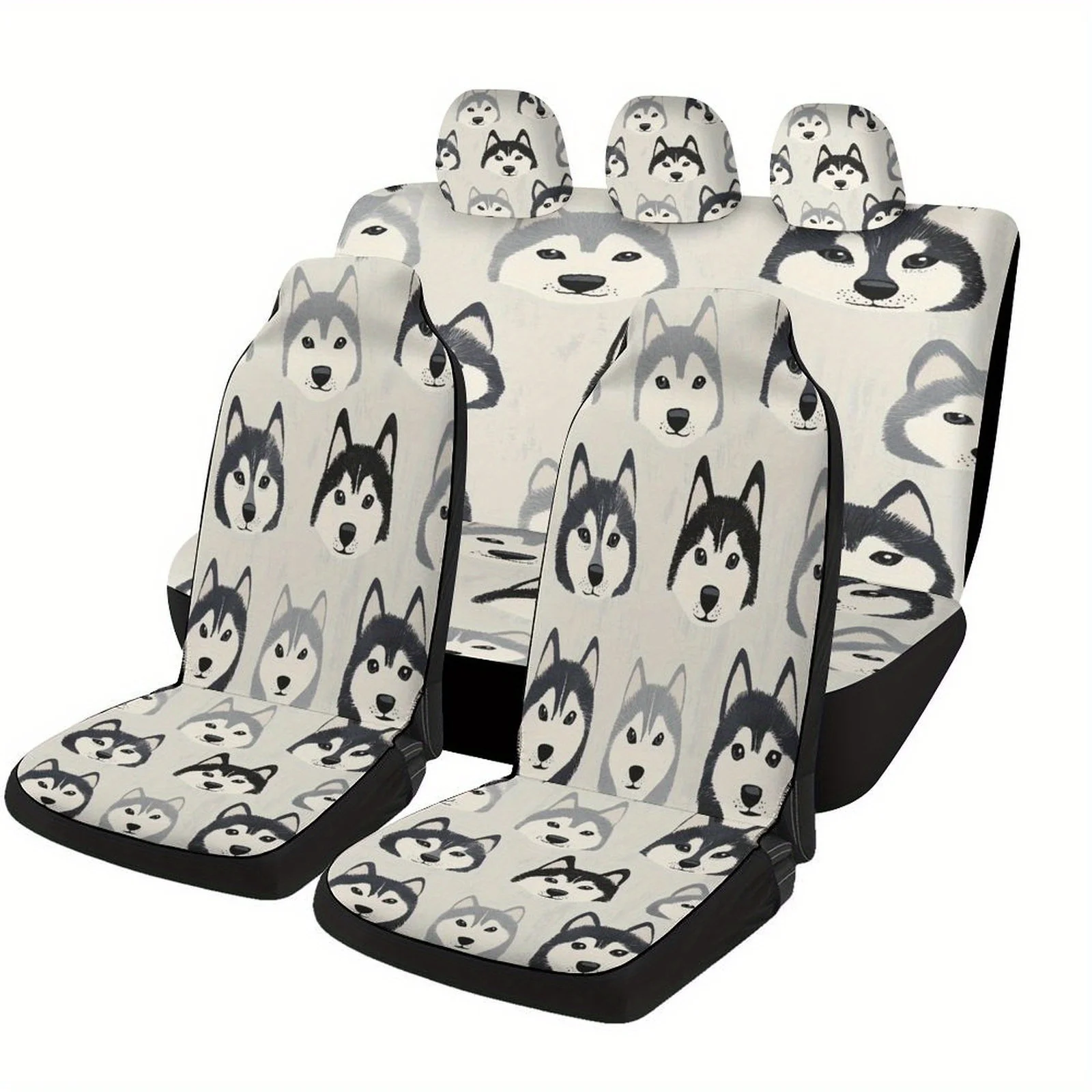 Set Of Car Seat Covers Featuring A Pattern Of Husky Dog Faces, Suitable For A Variety Of Vehicles. Stylish And Unique, This Full