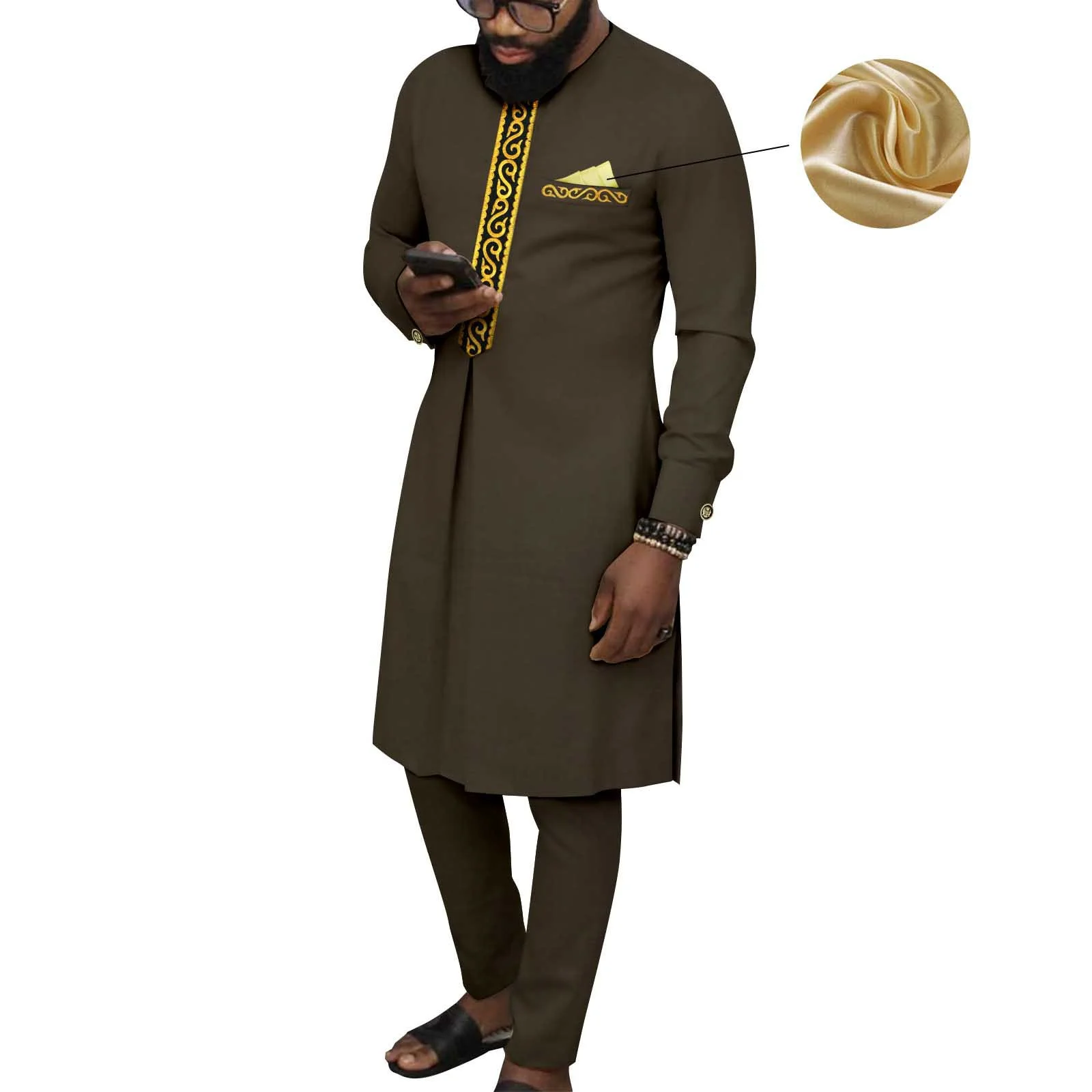 

African Clothing for Men Chains Embroidery Shirts and Pants 2 Piece Set Dashiki Clothes Plus Size Kaftan Wedding Robes