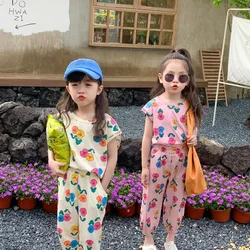 Girls Sets Kids Clothes 2024 Summer New Korean Short Sleeve Top Ankle Length Pants 2 Piece Set Loose Casual Flower Sisters Suit