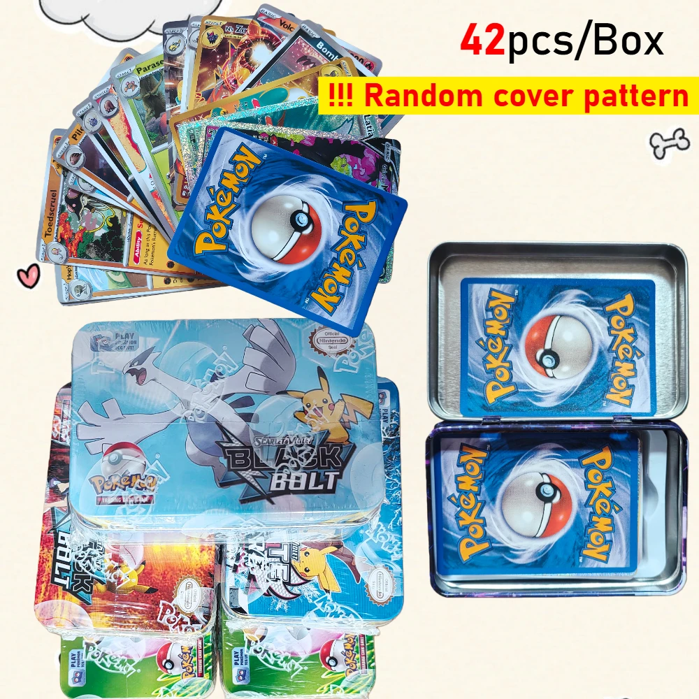 Pokemon 41/42/48/118 Uds. Caja de Metal de hierro en caja, juguete de batalla, caja de Pokemons de origen perdido con juego de Pikachu, tarjetas bancarias de Anime para niños