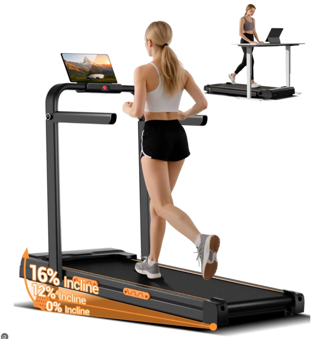 Tapis roulant pieghevole 3 in 1 con maniglie, inclinazione del 16%, portatile, ideale per l’uso sotto la scrivania, per la casa e per piccoli spazi, capacità di carico di 136,08 kg, senza batteria.