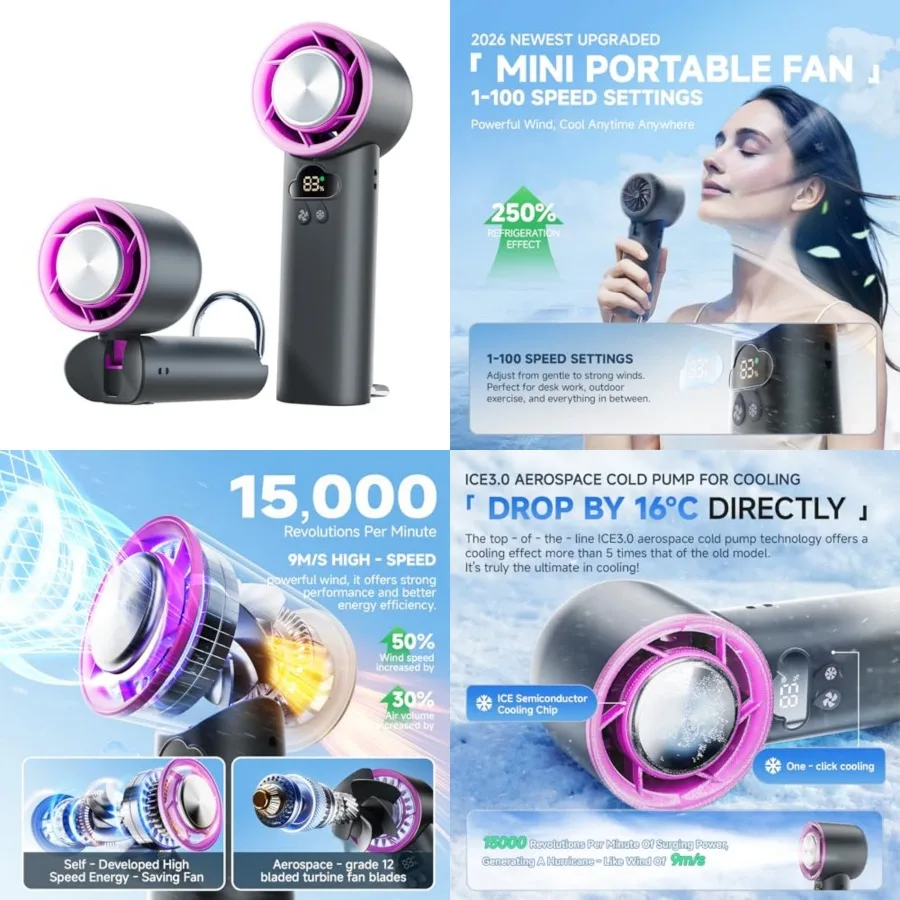 

2026 Upgrade] Portable Cooler Handheld Fan, [Coldest Turbo Hand Fan] 15000RPM 24H Max Cooling Time Highly Speed 1-100 Hand Fan,