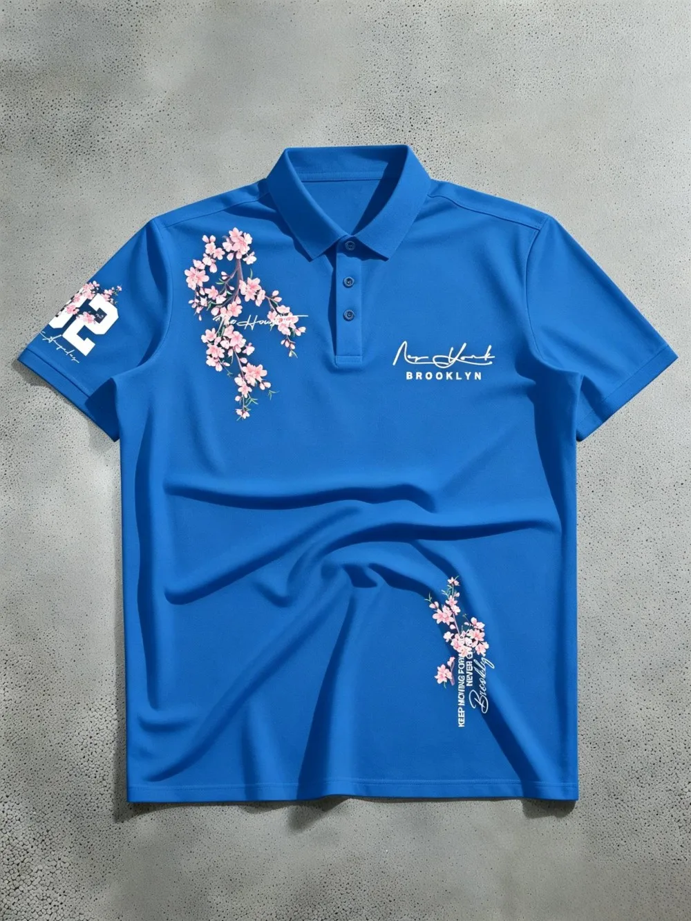 Amerikanisches Herren-Sommer-Polo-T-Shirt mit Kirschblüten- und Brooklyn-Buchstaben-Print, weich, atmungsaktiv, kurzärmelig, für Outdoor und Freizeit – Detail 5