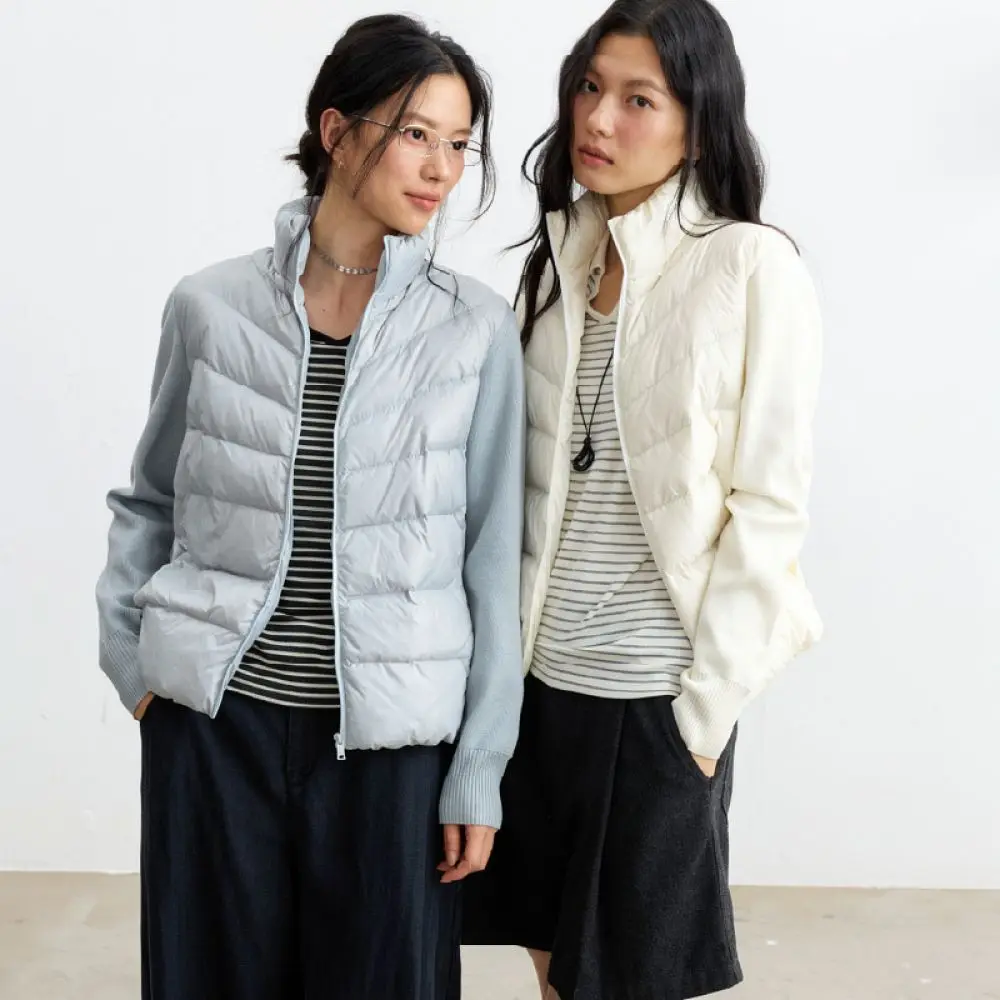 Short Down Jacket Women Winter Knitted Patchwork Duck Down Warm Outwear Casual Zipper Lapel Solid Color Elegant Daily Top