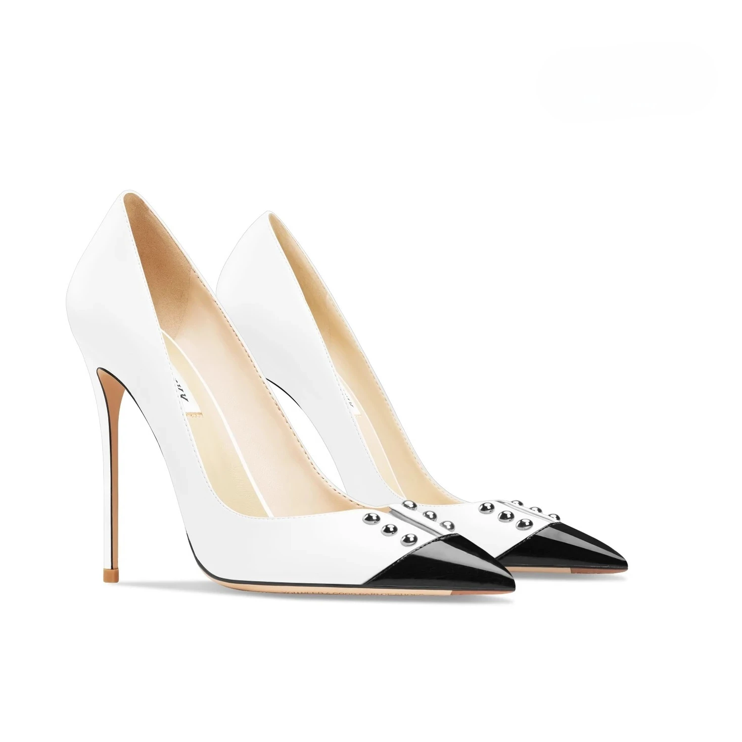 

2025 Spring and Autumn New Leather White Fine Heel Pointed Fashion Sexy Rivet High Heels