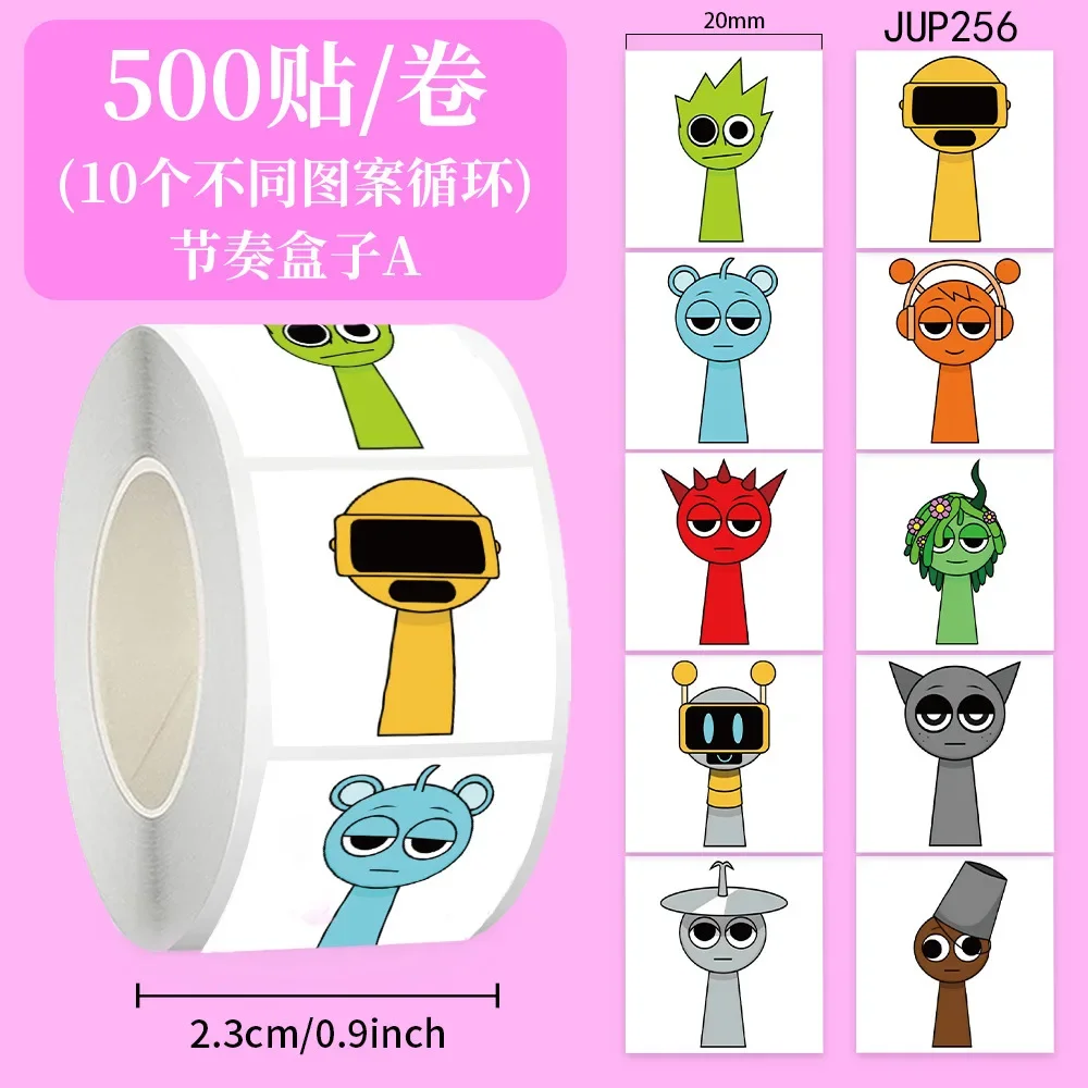 لفة ملصقات كرتونية جديدة لصندوق الإيقاع - 500 قطعة 10 أنماط شارات شخصية لطيفة لأجهزة الكمبيوتر المحمول وسجل القصاصات وهدايا المشجعين