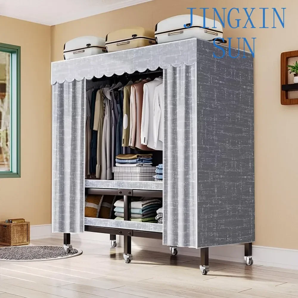 Foldable Wheeled Clothes Rack - Portable Heavy Duty Wardrobe Closet, Load 2000lbs/With Cover Bedroom Armoires Freestanding Cloth
