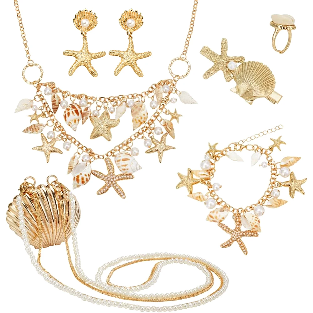7点ジュエリーセット-貝殻ヒトデアクセサリー-海の貝殻パールネックレス-ブレスレット-イヤリング-リング-ヘアアクセサリー