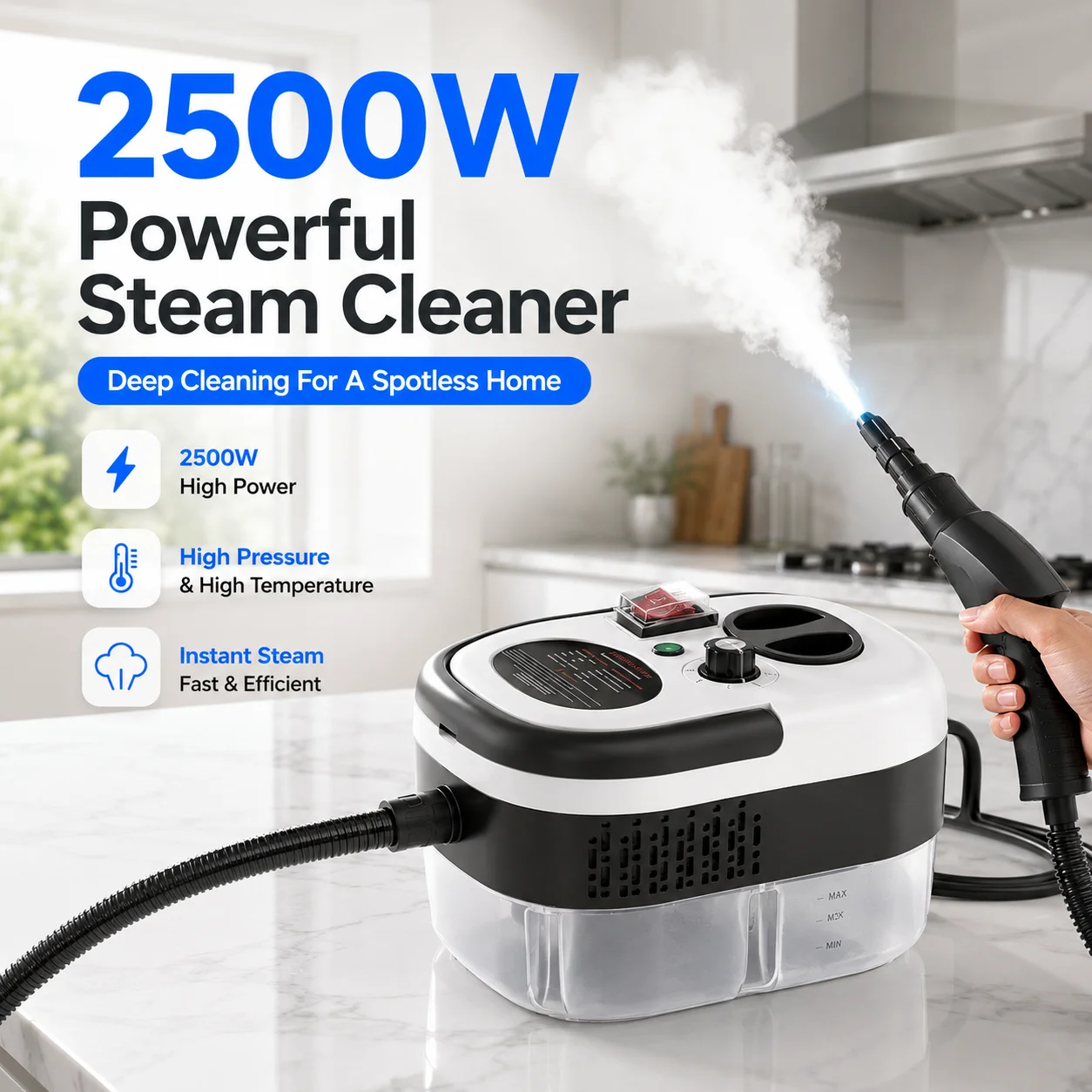 2500W Handgehaltener Dampfreiniger mit Hochdruck und -temperatur für Klimaanlagen, Küchenhauben, Autos, Glasfenster, Böden und mehr zur
