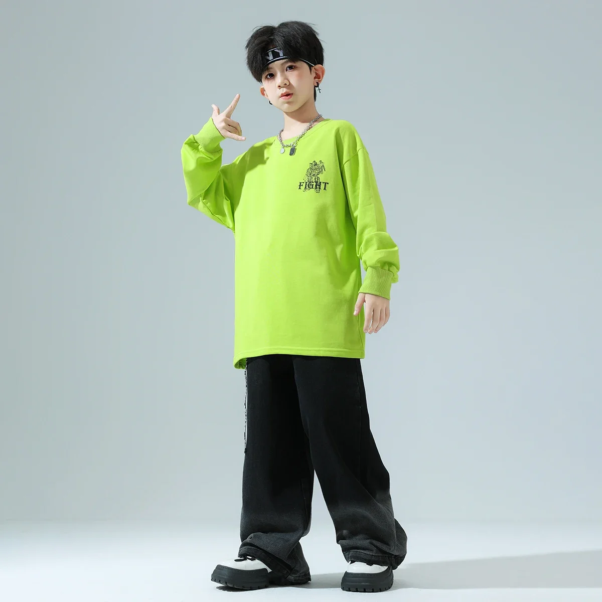 Chłopcy Hip Hop zielona bluza spodnie joggery dziewczęce fajne Streetwear zestawy ubrań dla dzieci dzieci Jazz taniec uliczny K-pop kostiumy
