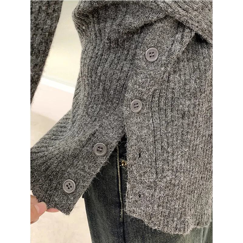 Korean Fashion Irregular Knitting Top Tee Ladies Trend All-match Pleated Buttons Solid Color Half Height Collar Pullovers Autumn