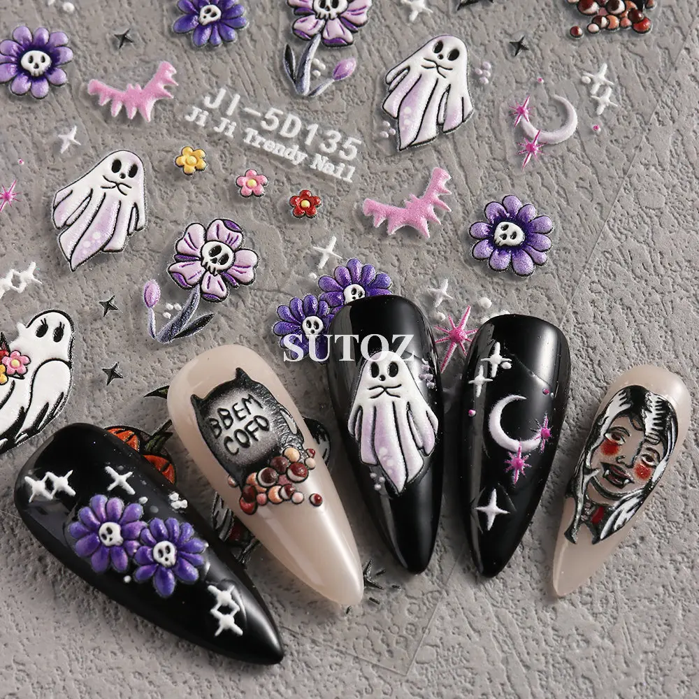 5D Witch Ghost Nail Stickers Cute Halloween Decoration Daisy Skull Sliders Pumpkin Spider Bat Charms Manicure Decals LEBJI-5D131