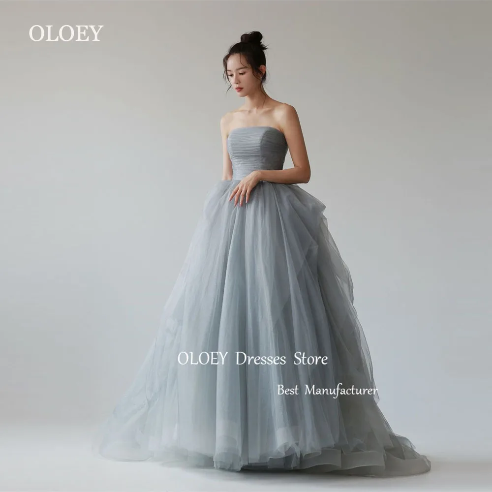 OLOEY Fairy Dusty Blue Tulle Evening Dresses Korea Photoshoot Strapless Floor Length Prom Gowns Formal Party Dress Corset Back