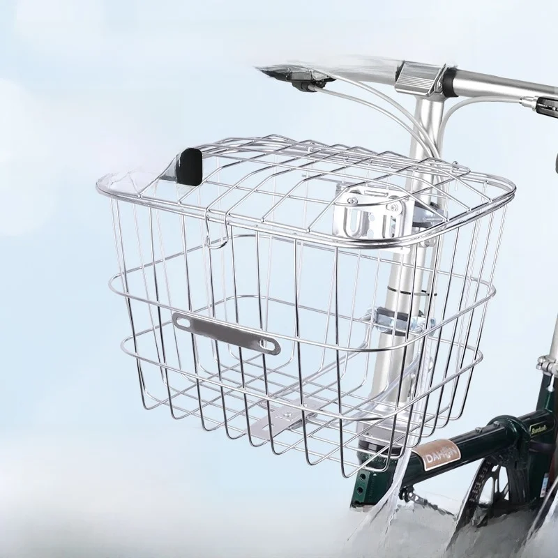 

Stainless Steel Bicycle Front Basket Vehicle Bike Basket with Cover Durable Anti-Fall Foldable Shopping Basket