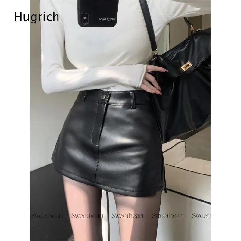 Retro Faux Leather High Rise Front Split Skort Single Metal Button Zipper Slim Fit Short Skirt Daily Commuter Bottoms