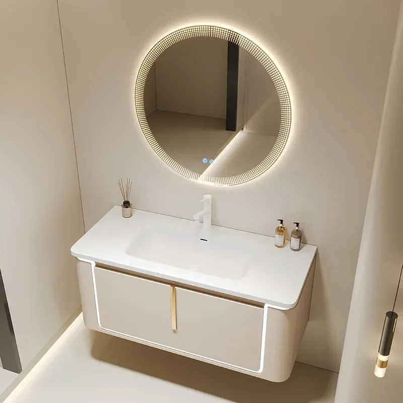 Modern Bathroom Cabinets with Skin Sink Intelligent Circular Mirror Bathroom Washbasin Cabinet Vanity Home Bathroom Furniture