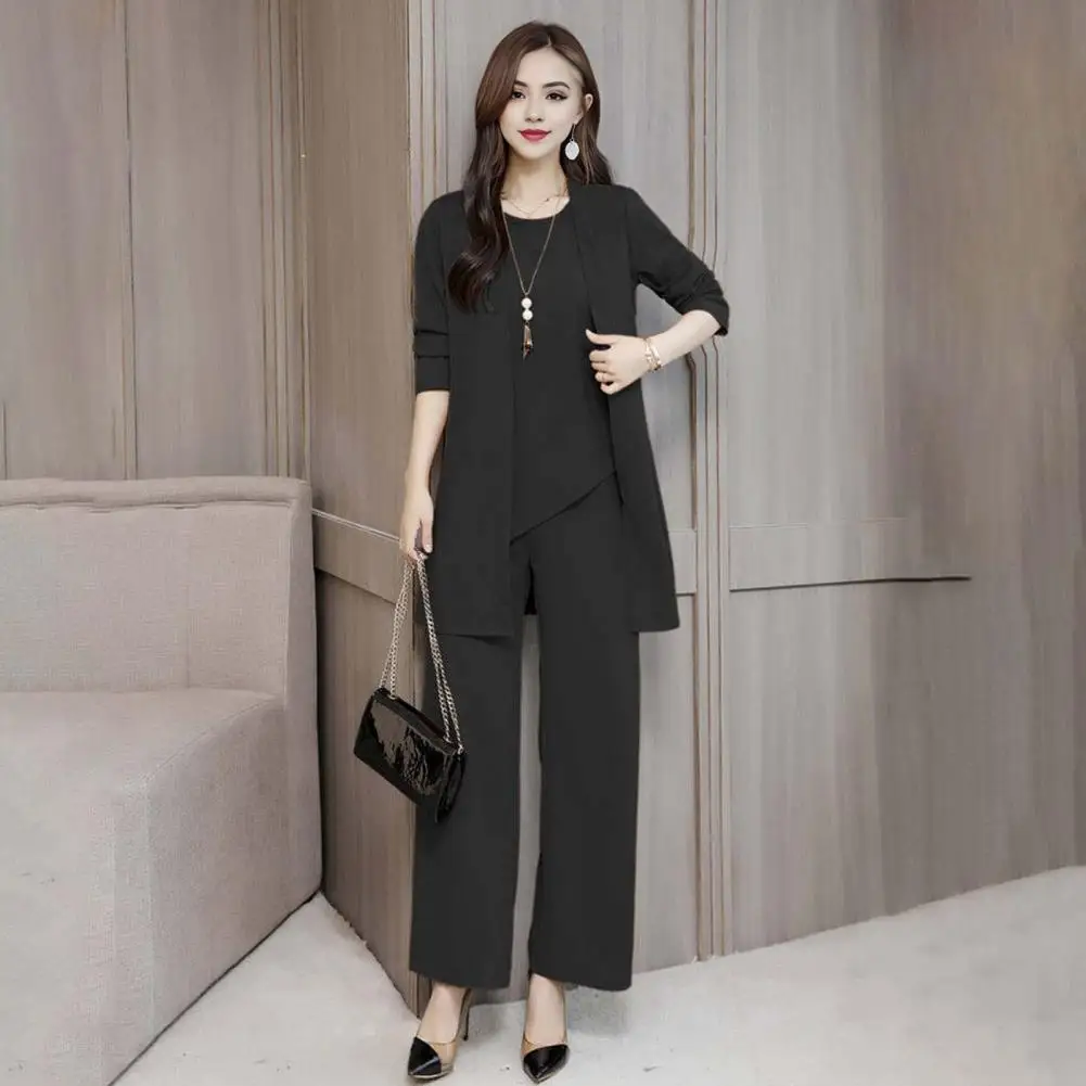 Women Fall Suit Elegant Women\'s Spring Fall Outfit Set with Sleeveless Vest Long Sleeves Coat Wide Leg Pants for Office Daily