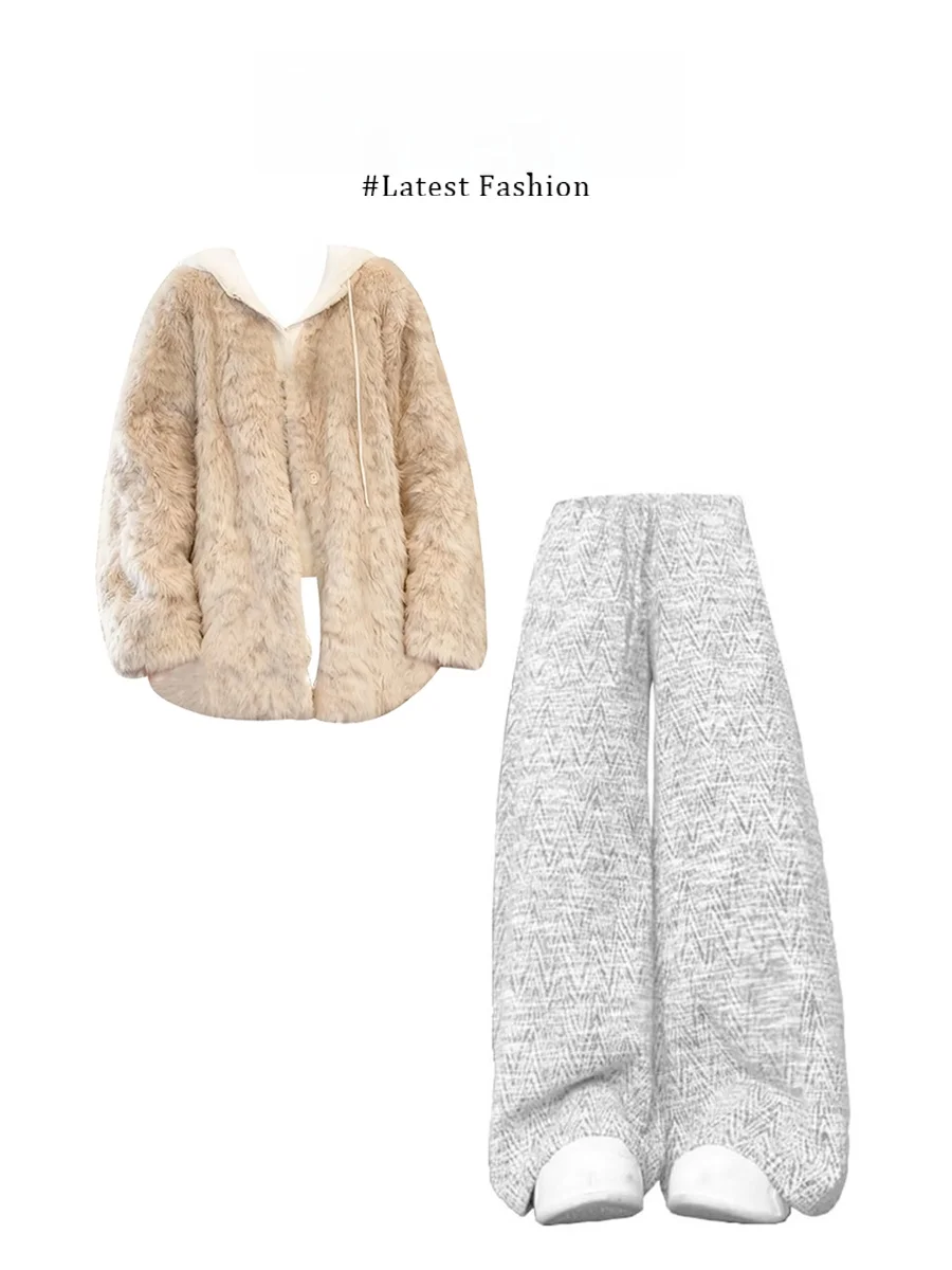 

Теплый вязаный жакет и брюки с широкими штанинами: женский зимний модный комплект, повседневный, удобный, со средней талией, с длинными рукавами, на молнии