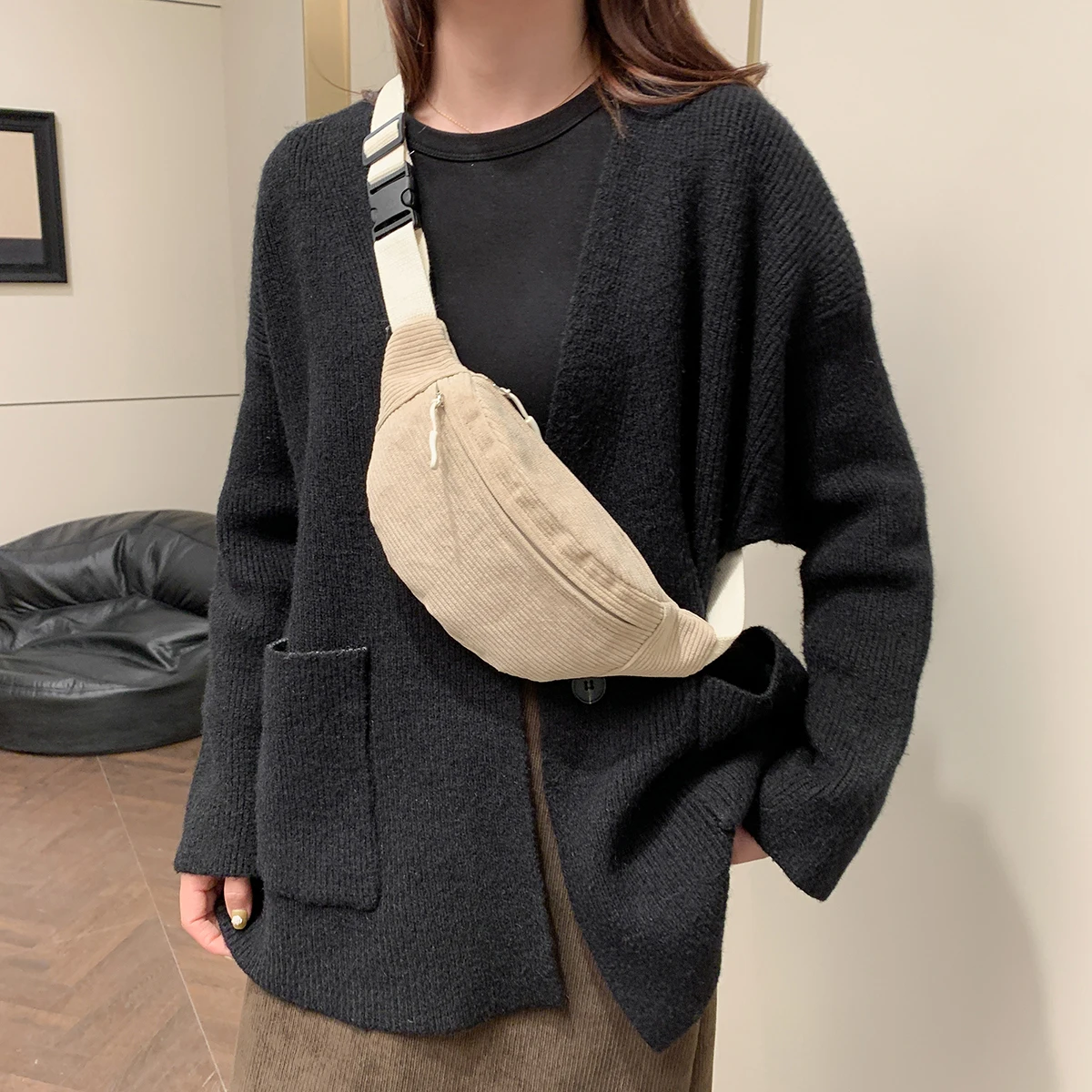 Women Waist Bag Corduroy Student Shoulder Handbag Crossbody Chest Breast Bag Fanny Pack Fashion Phone Female Bum Belt Purse