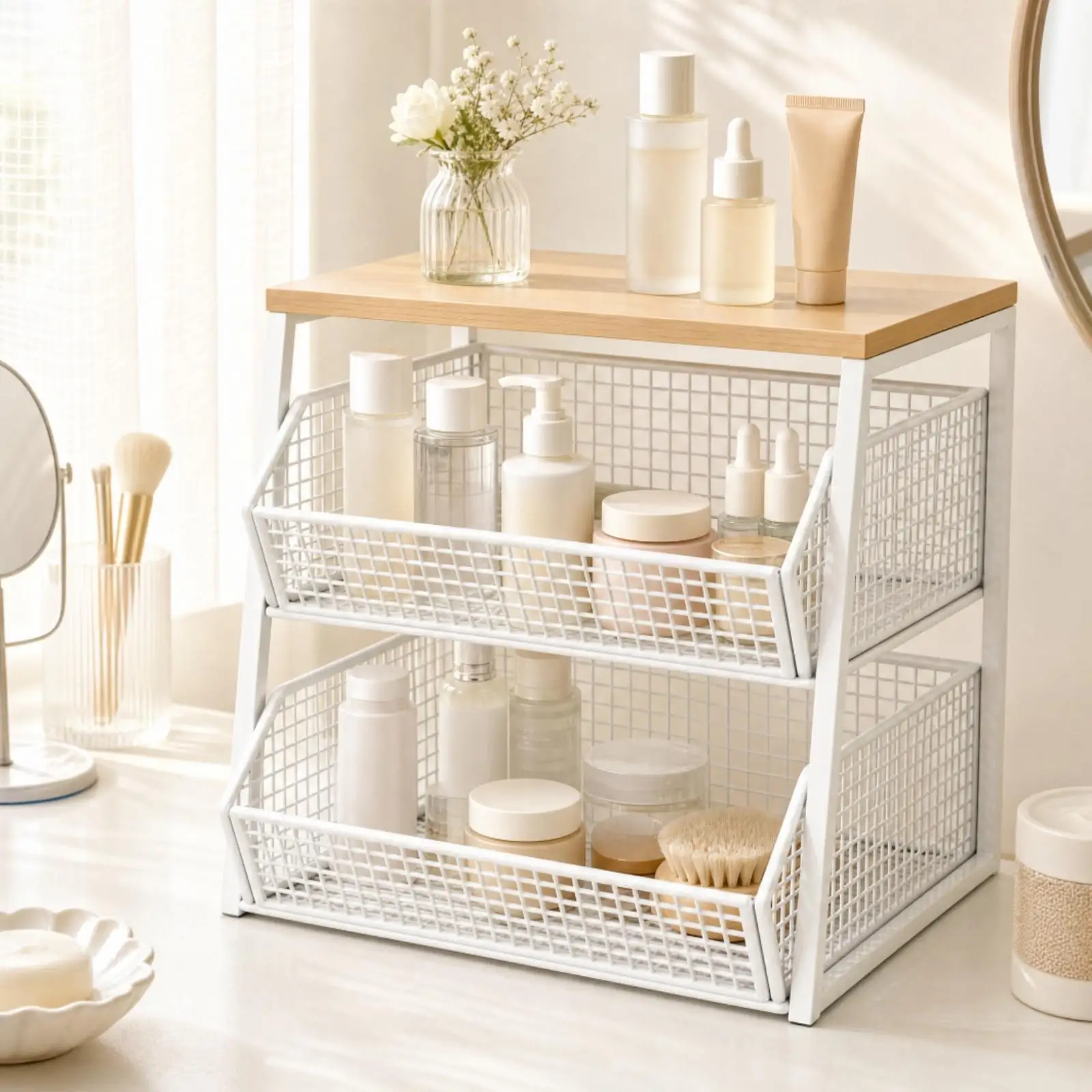 Storage Rack Organizer Box with Drawers for Desk Countertop Unit White Grid Shelf for Coffee Tea Snacks