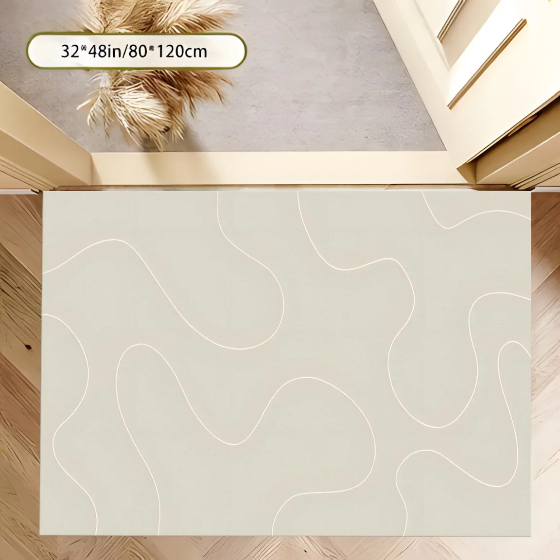 2D Large Rug, Light Apricot Base with Milky White Flowing Curves, Minimalist Cream Style