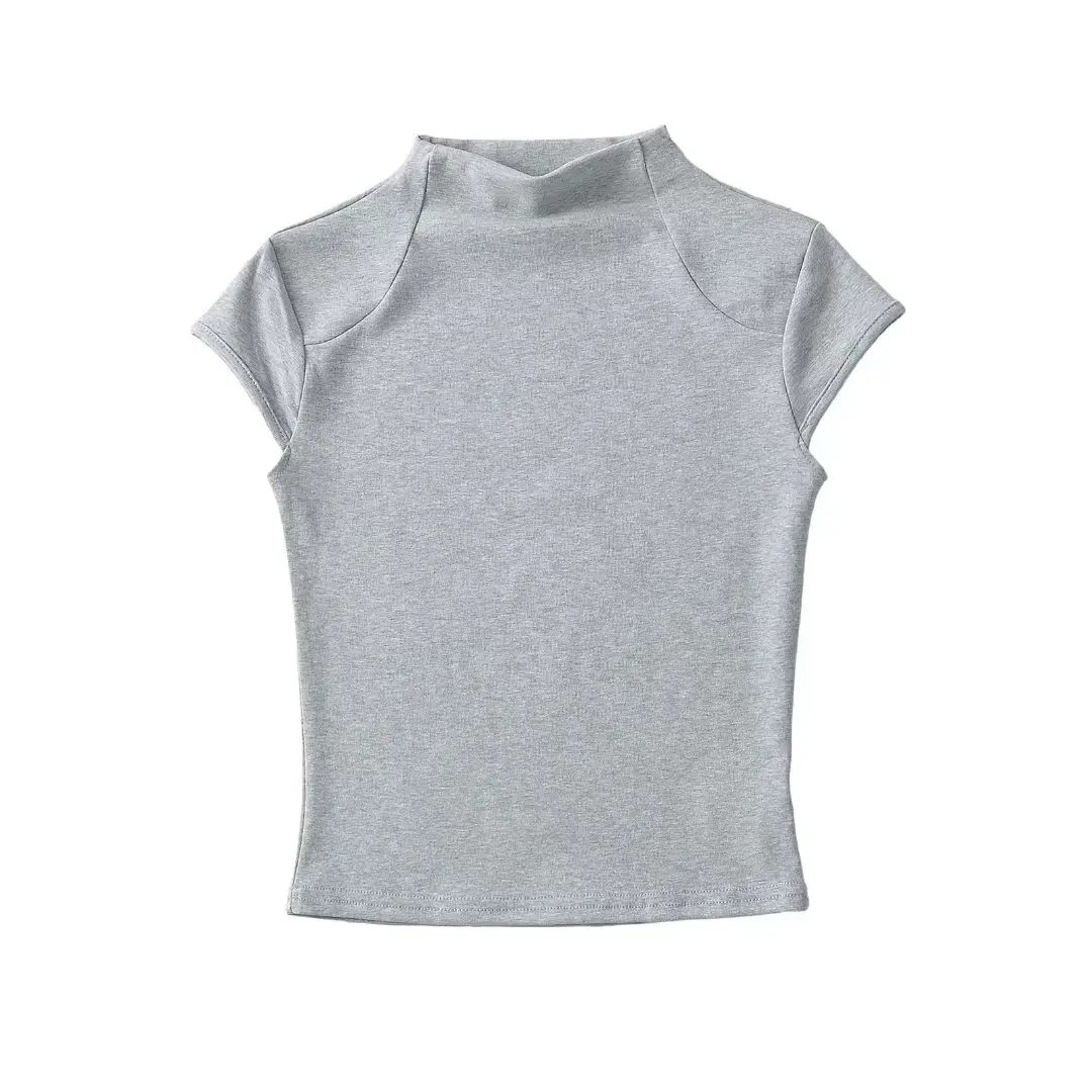 تي شيرت نسائي صيفي بأكمام قصيرة وقصة ضيقة، تصميم عصري بلون واحد وياقة نصف عالية مع تغطية للكتف