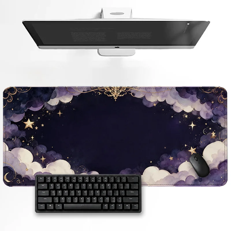 Aesthetic Starry Cloud Mouse Pad Dark Purple Night Sky Art Print Non Slip Rubber Base Desk Mat for Office Work PC Gaming Decor