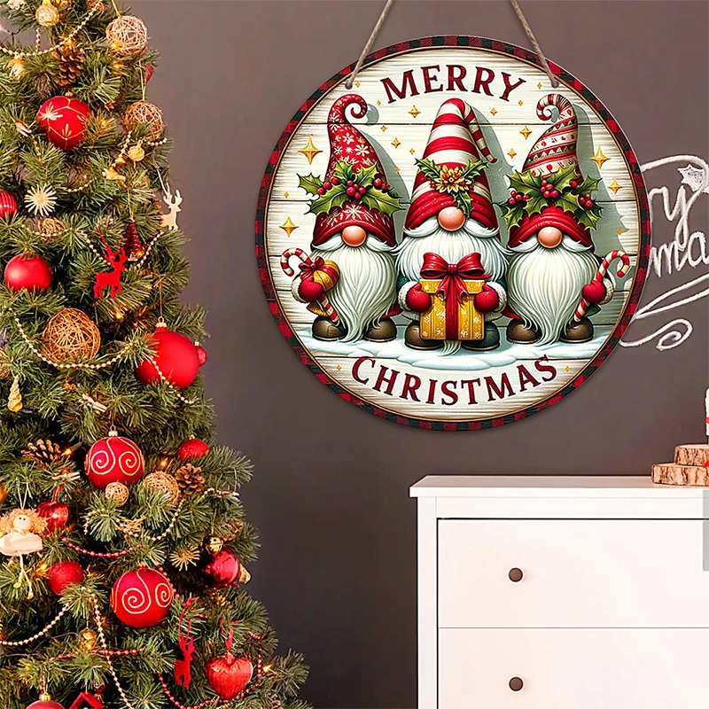 1Pc 2D Merry Christmas Dwarf Wooden Sign Christmas Candy Cane Gift Box Pattern Ornaments Hanging Home Decoration