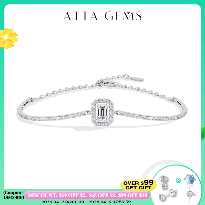 

ATTAGEM Luxury Dazzling Emerald Cut Moissanite Bracelet 925 Sterling Silver Adjustable Bracelet Women Wedding Engagement Jewelry